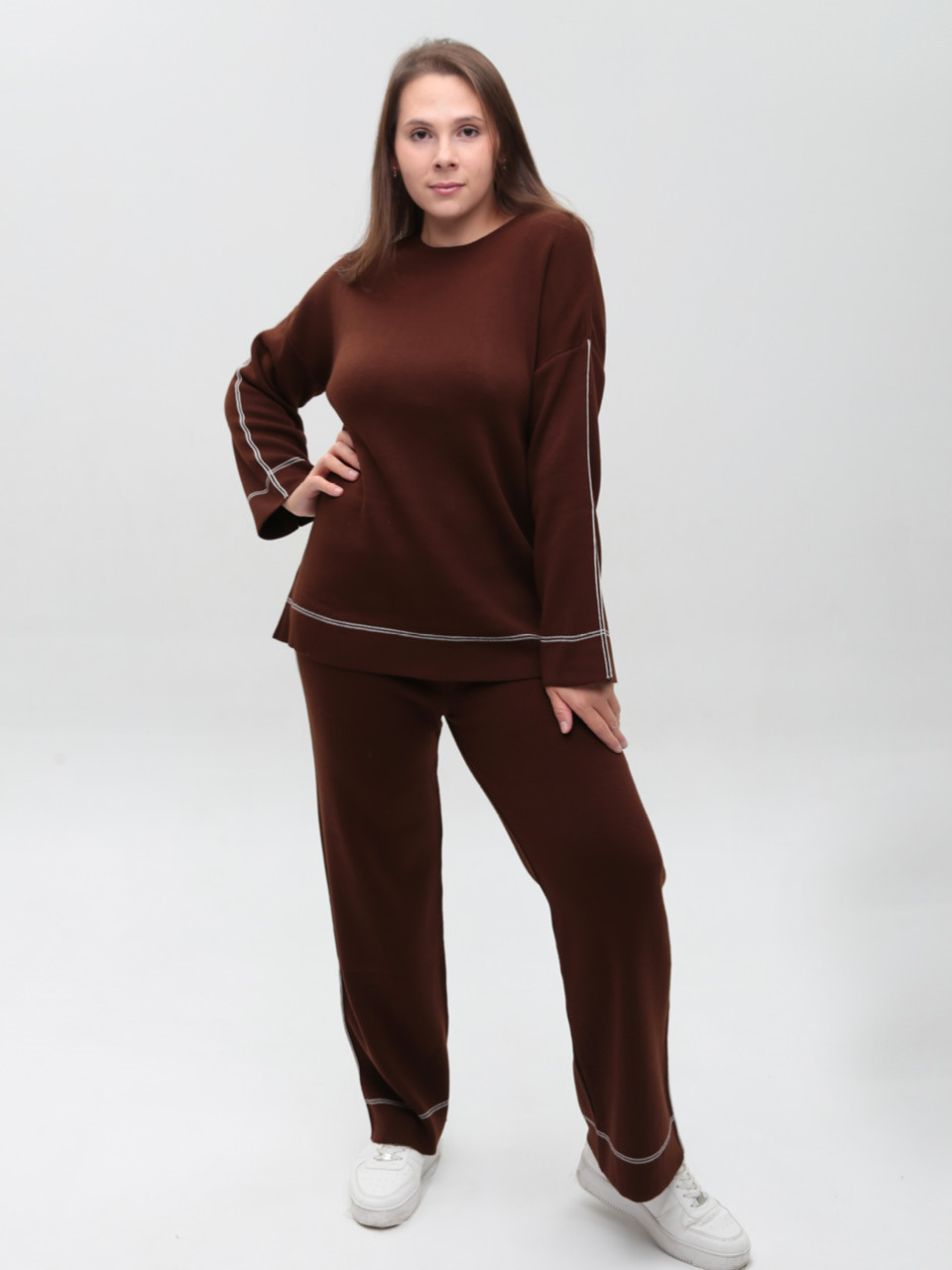 Костюм женский вязаный коричневый свитер с брюками 12228-9