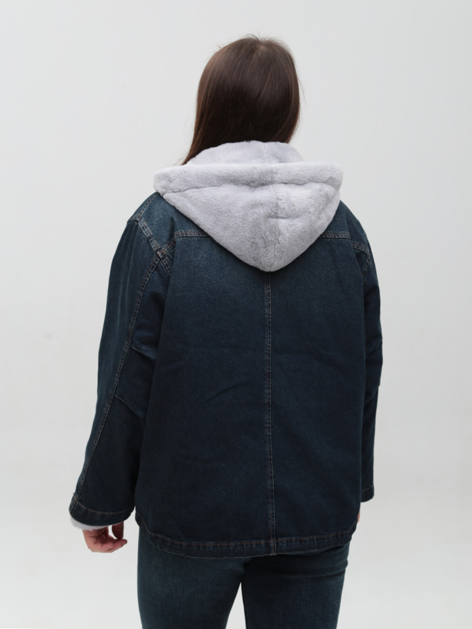 Куртка женская джинсовая с мехом внутри синяя большой размер 586-4