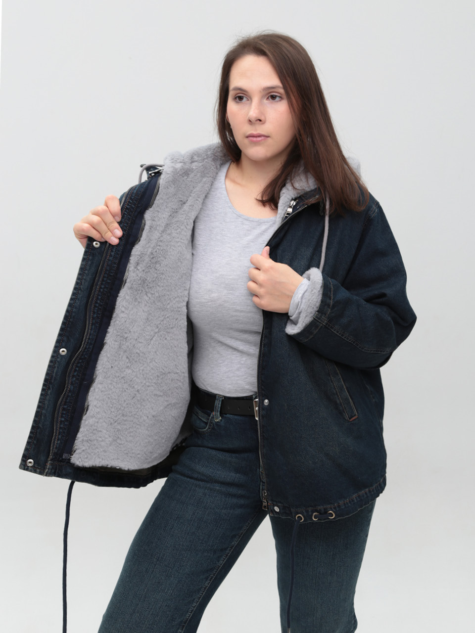 Куртка женская джинсовая с мехом внутри синяя большой размер 586-4