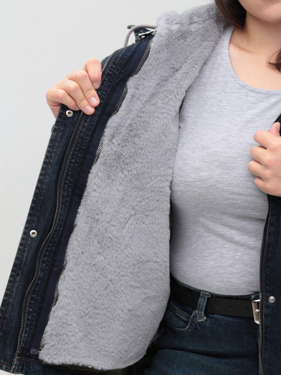 Куртка женская джинсовая с мехом внутри синяя большой размер 586-4