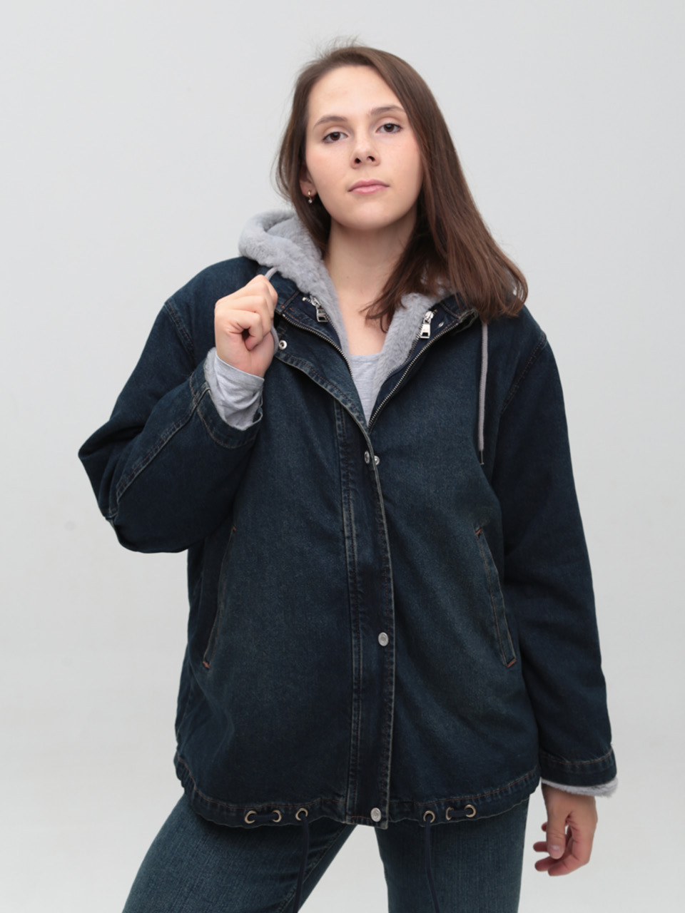 Куртка женская джинсовая с мехом внутри синяя большой размер 586-4
