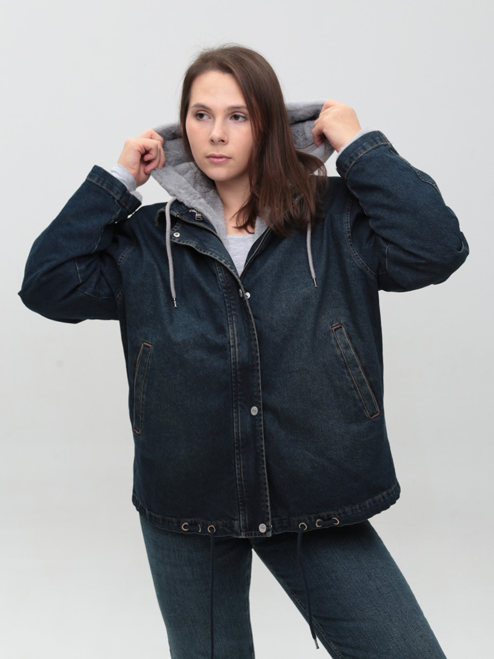 Куртка женская джинсовая с мехом внутри синяя большой размер 586-4