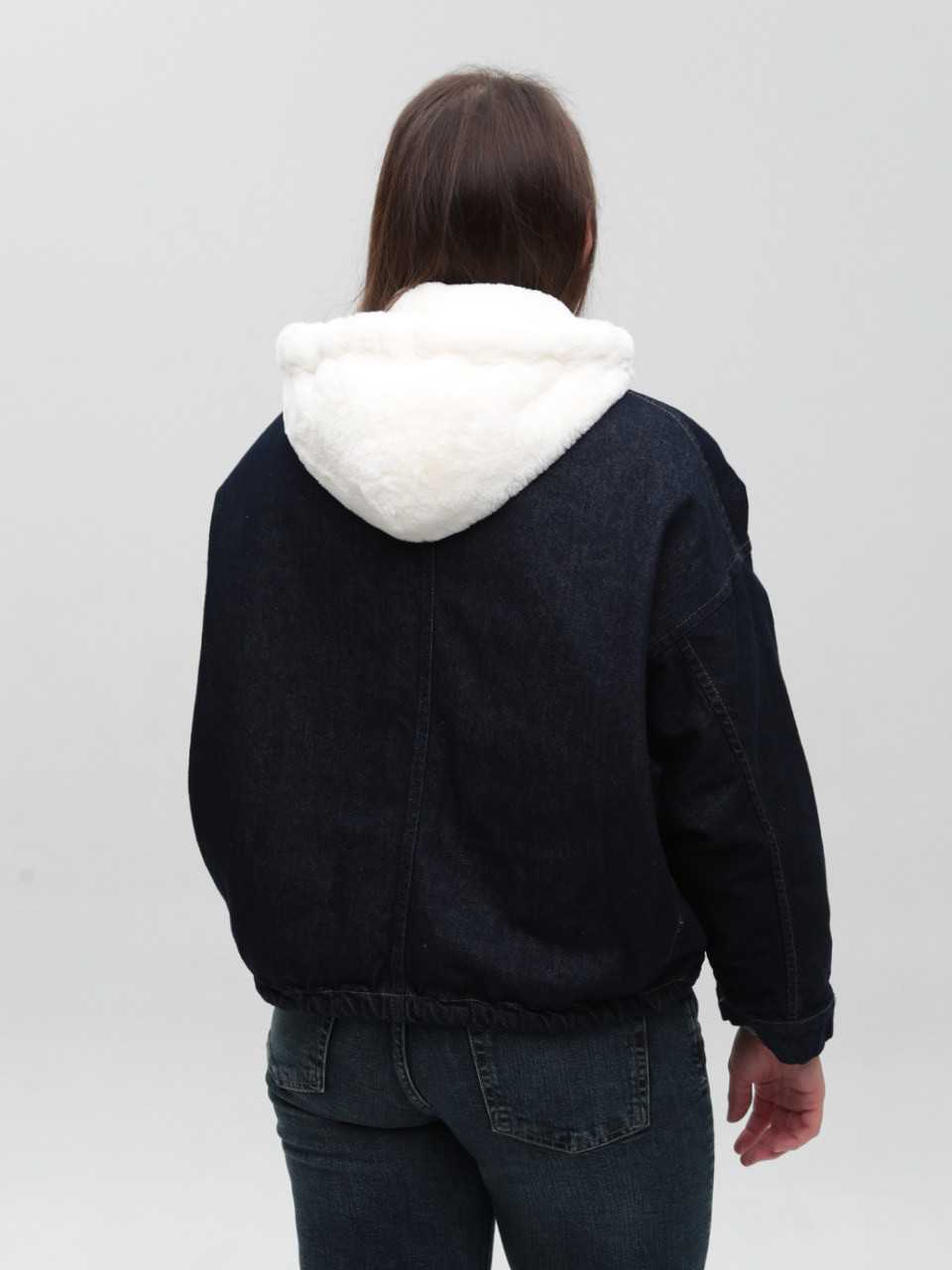 Куртка женская джинсовая с мехом внутри синяя укороченная 518-2