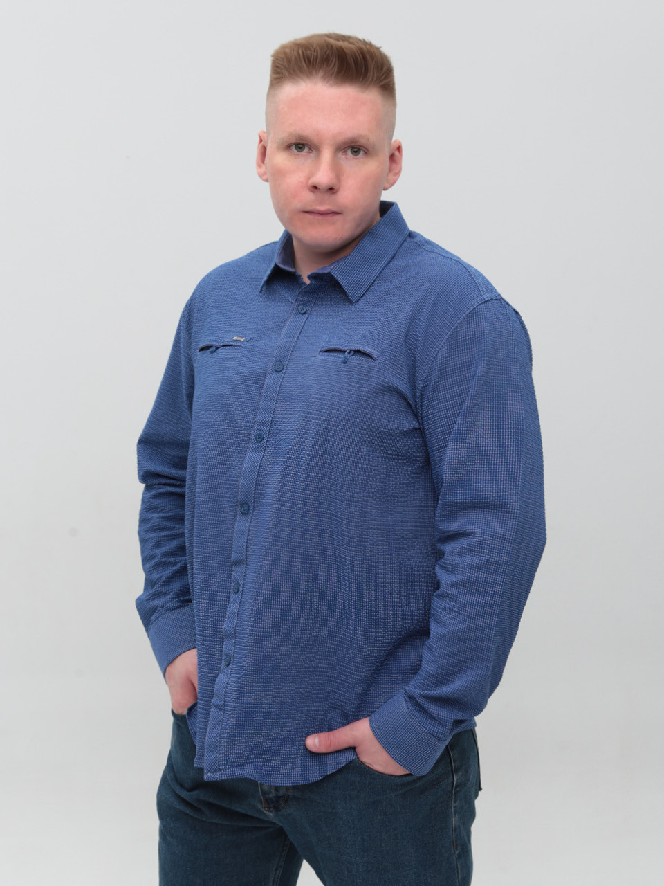 Сорочка чоловіча синя в клітку жатка великий розмір 8807-B-1