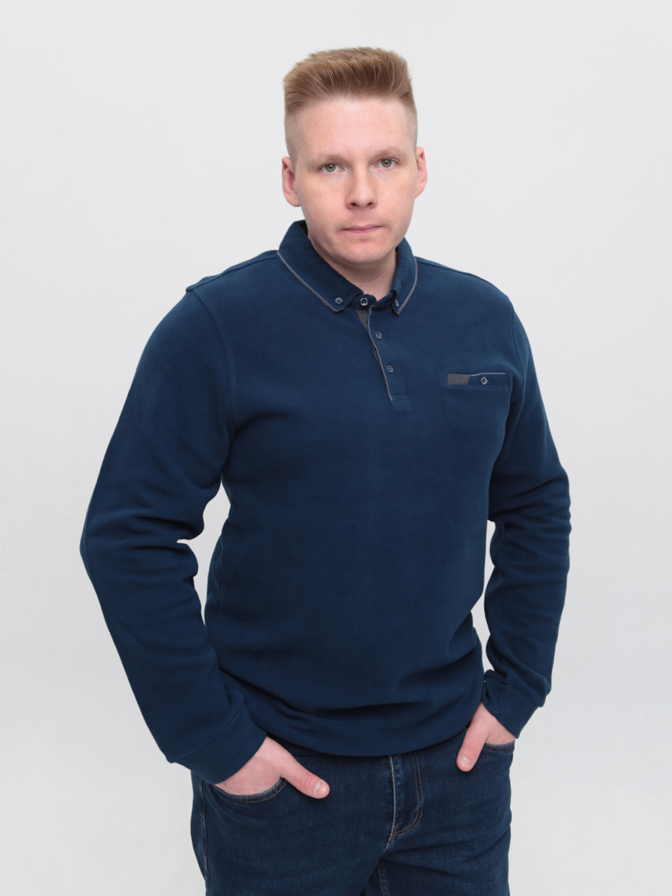 Поло чоловіче темно-синє з довгим рукавом 9111-1