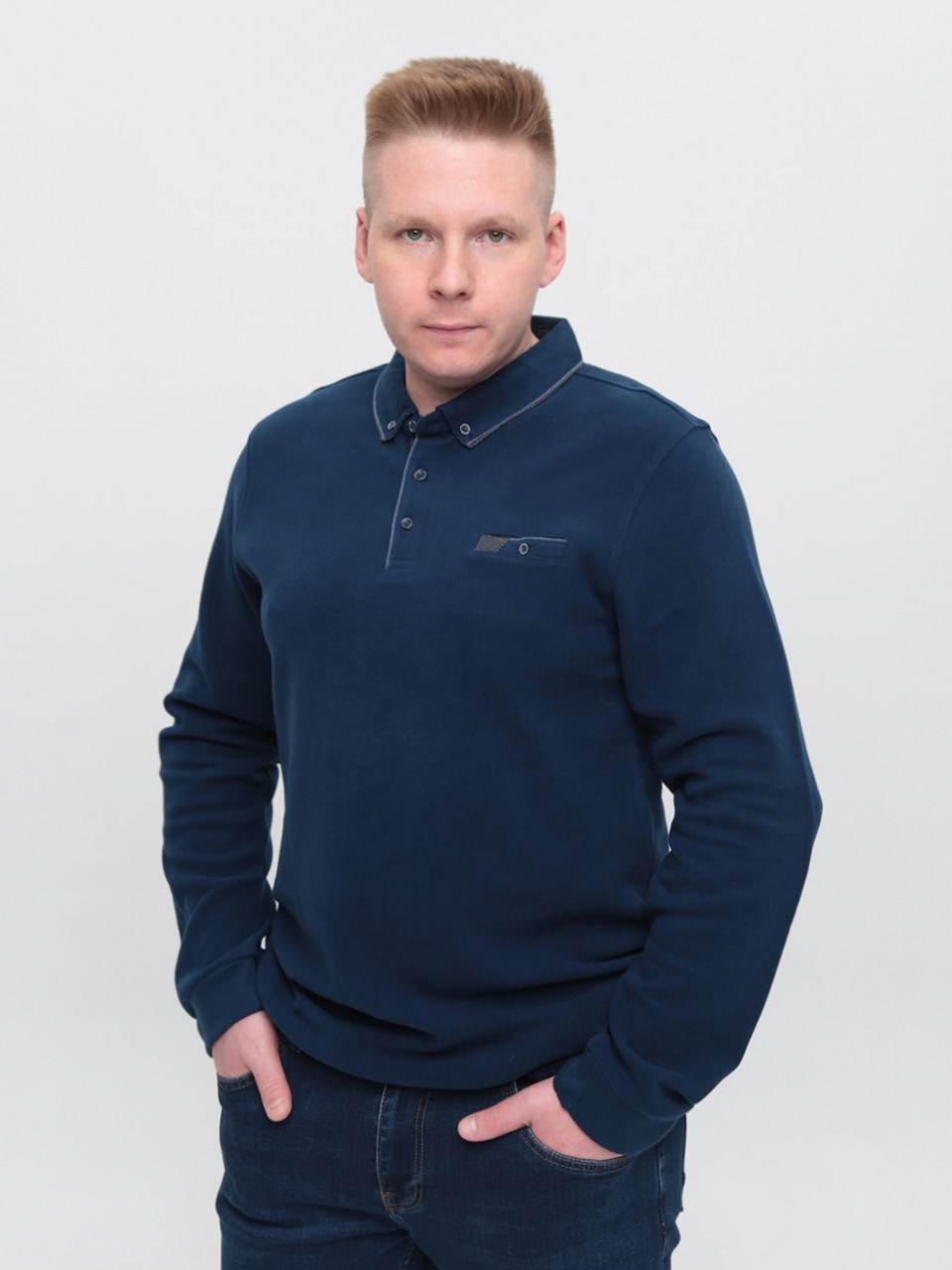 Поло чоловіче темно-синє з довгим рукавом 9111-1