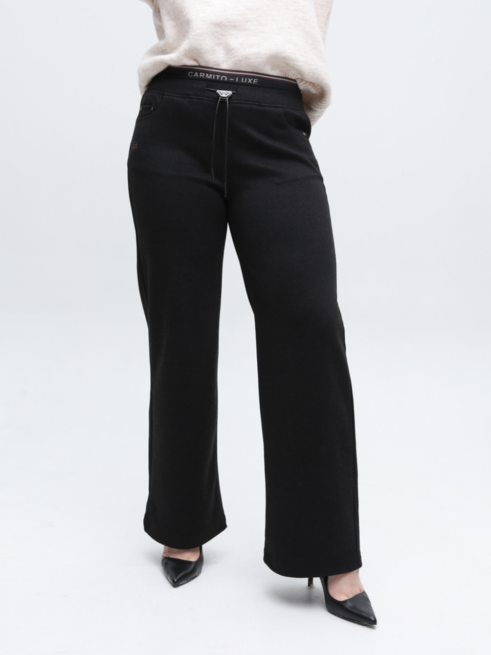 Брюки женские черные широкие теплые на резинке 10642-2
