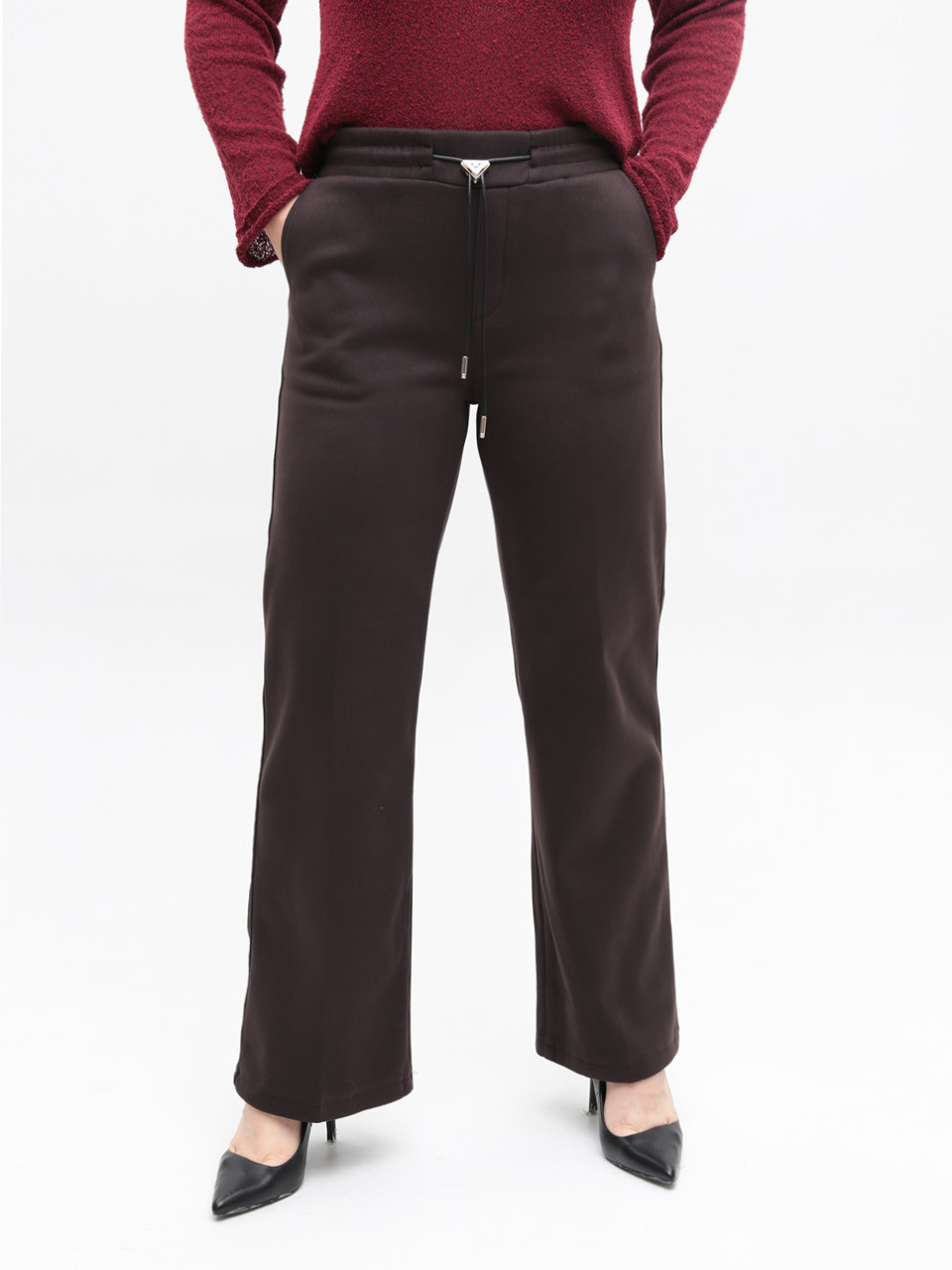 Брюки женские коричневые широкие теплые на резинке 1720-6