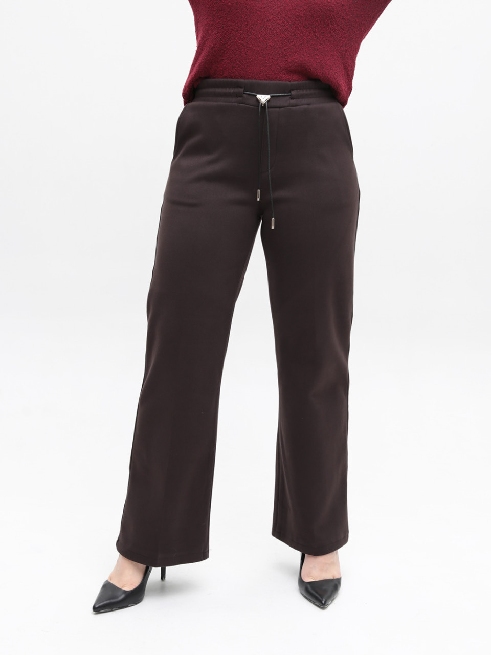 Брюки женские коричневые широкие теплые на резинке большие размеры 1720-B-6