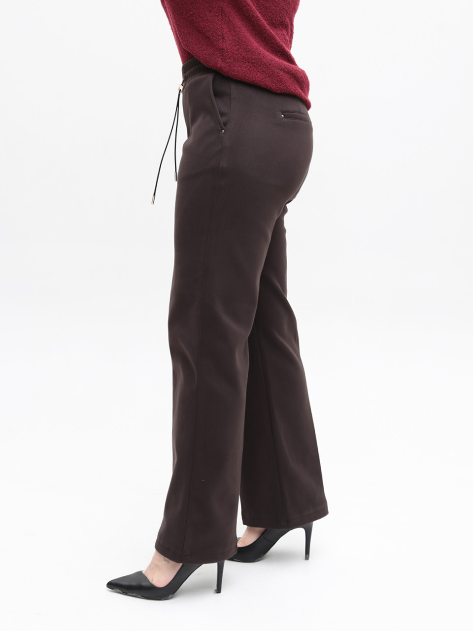 Брюки женские коричневые широкие теплые на резинке большие размеры 1720-B-6