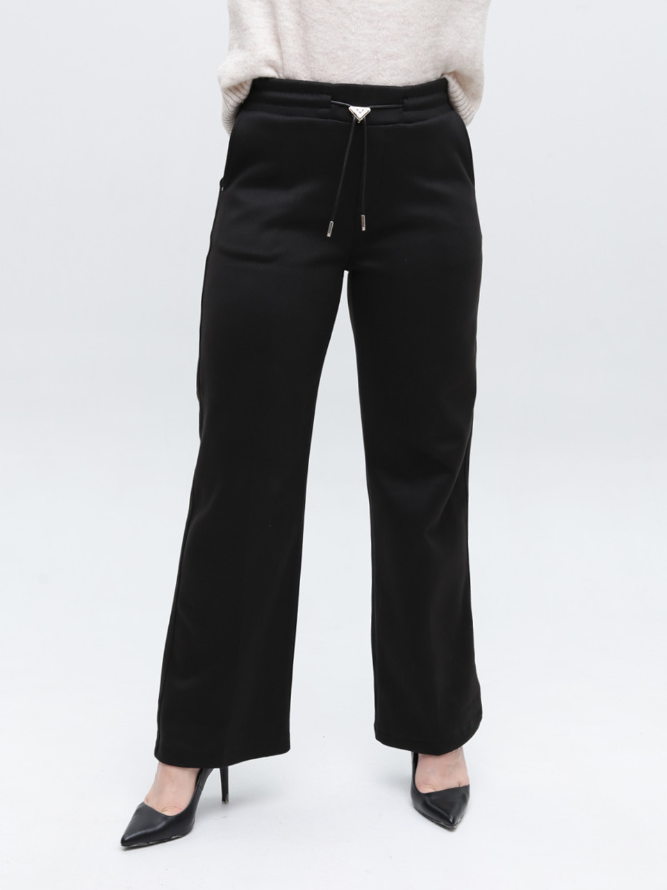 Брюки женские черные широкие теплые на резинке 1720-2