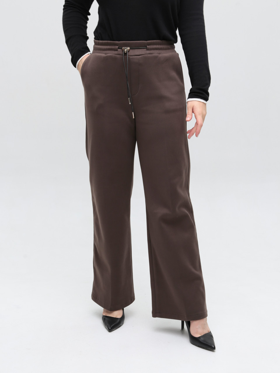 Брюки женские коричневые широкие теплые на резинке большие размеры 1720-B-7