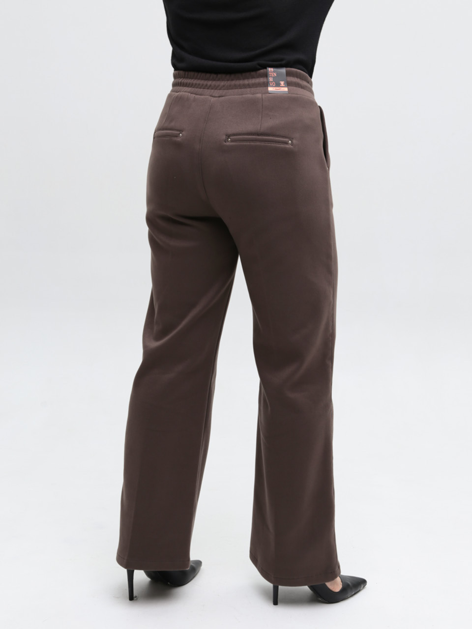 Брюки женские коричневые широкие теплые на резинке большие размеры 1720-B-7