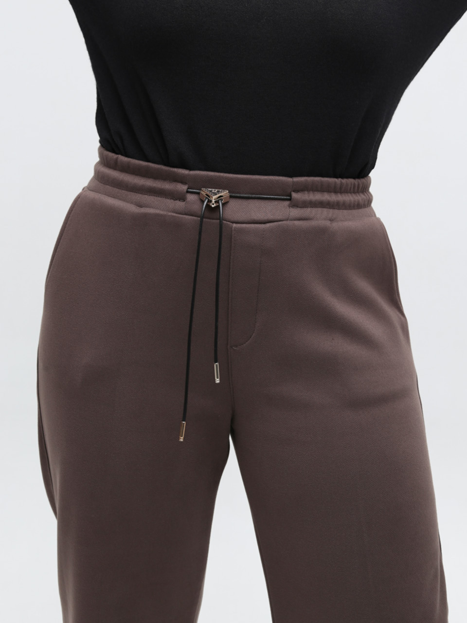 Брюки женские коричневые широкие теплые на резинке большие размеры 1720-B-7