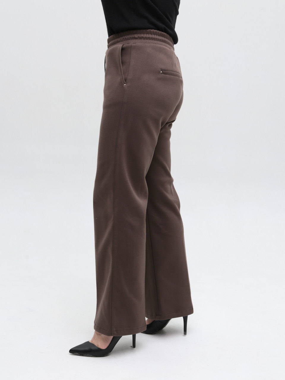 Брюки женские коричневые широкие теплые на резинке большие размеры 1720-B-7