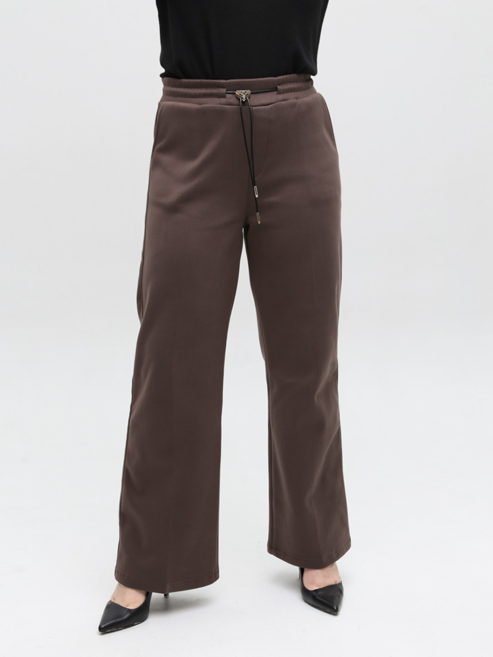 Брюки женские коричневые широкие теплые на резинке большие размеры 1720-B-7