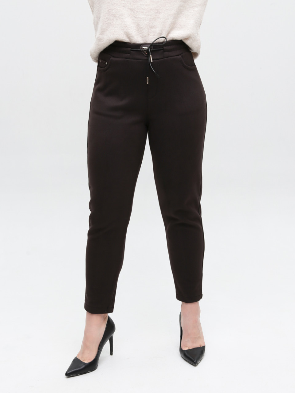 Брюки женские коричневые МОМ теплые на резинке большие 1719-B-6