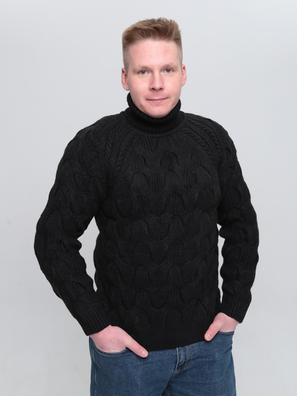 Свитер мужской черный шерстяной вязанный с горлом 230-658-4