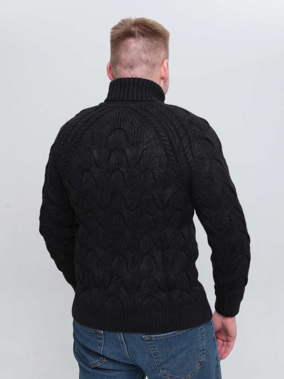 Свитер мужской черный шерстяной вязанный с горлом 230-658-4
