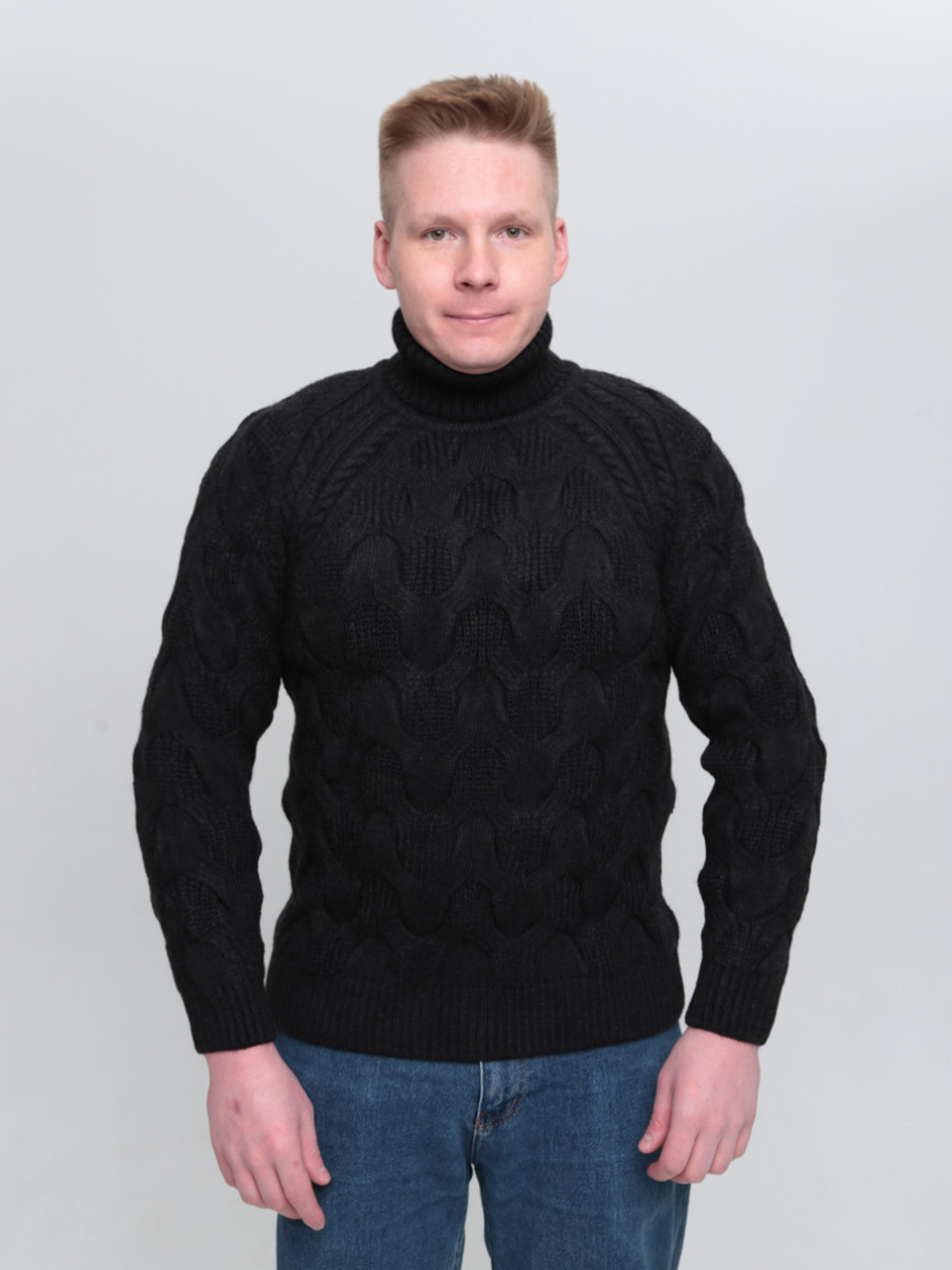 Свитер мужской черный шерстяной вязанный с горлом 230-658-4