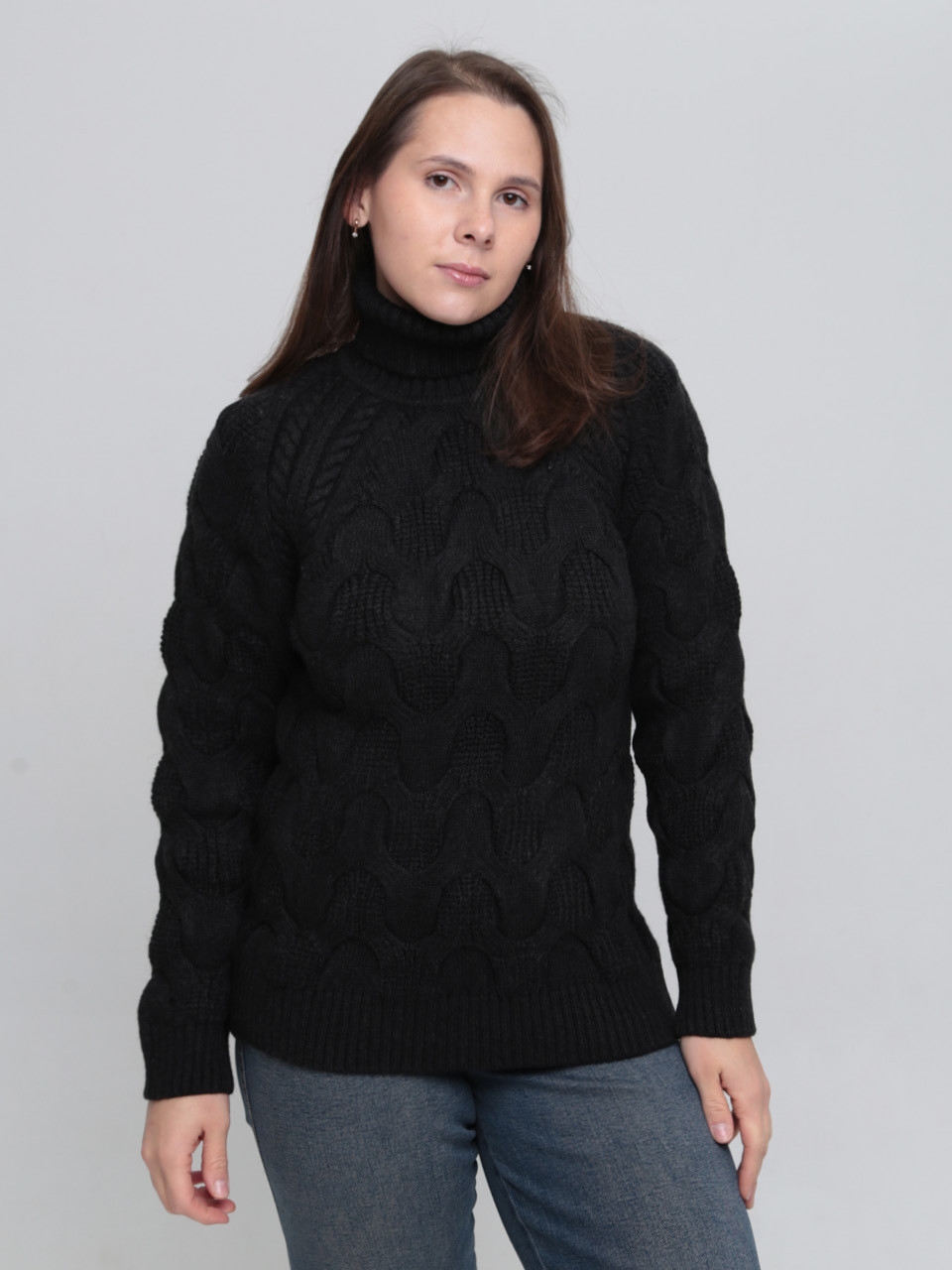 Свитер женский черный шерстяной зимний с горлом 230-658-4