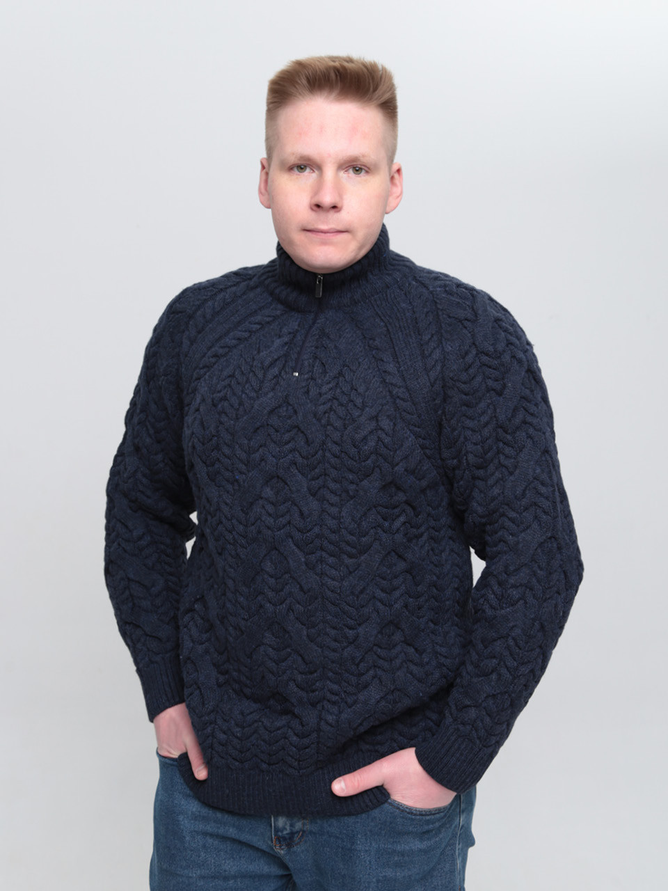 Свитер мужской темно-синий шерстяной горло на молнии большие размер 230-B-522/2-1