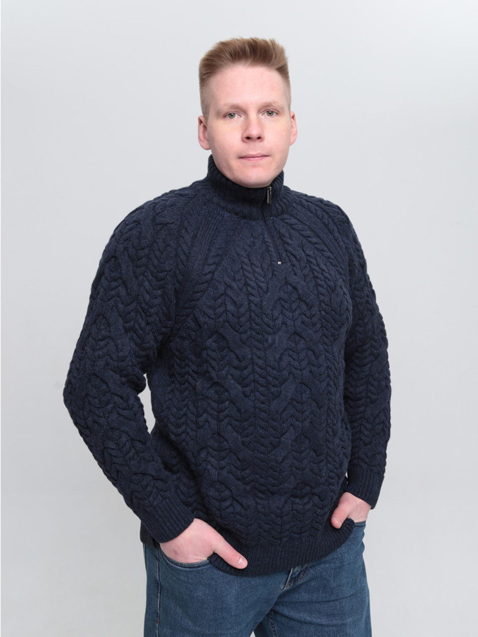 Свитер мужской темно-синий шерстяной горло на молнии большие размер 230-B-522/2-1