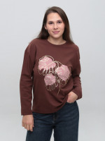 Жіночий лонгслів коричневий вільний з принтом 529-5