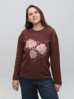 Жіночий лонгслів коричневий вільний з принтом 529-5
