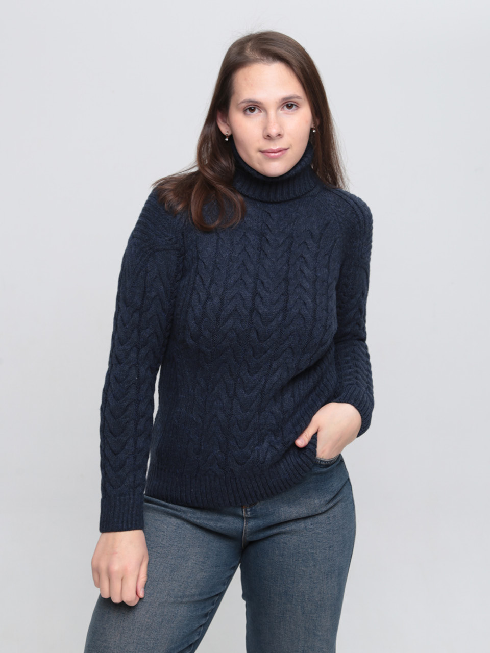 Жіночий светр темно-синій вовняний з горлом 130-147/1-2