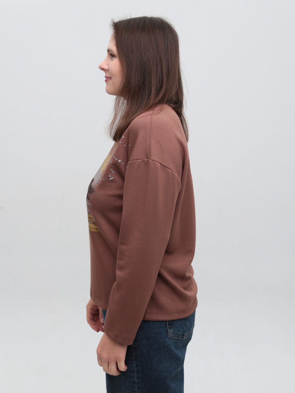 Жіночий лонгслів коричневий з принтом вільний 540-5-T