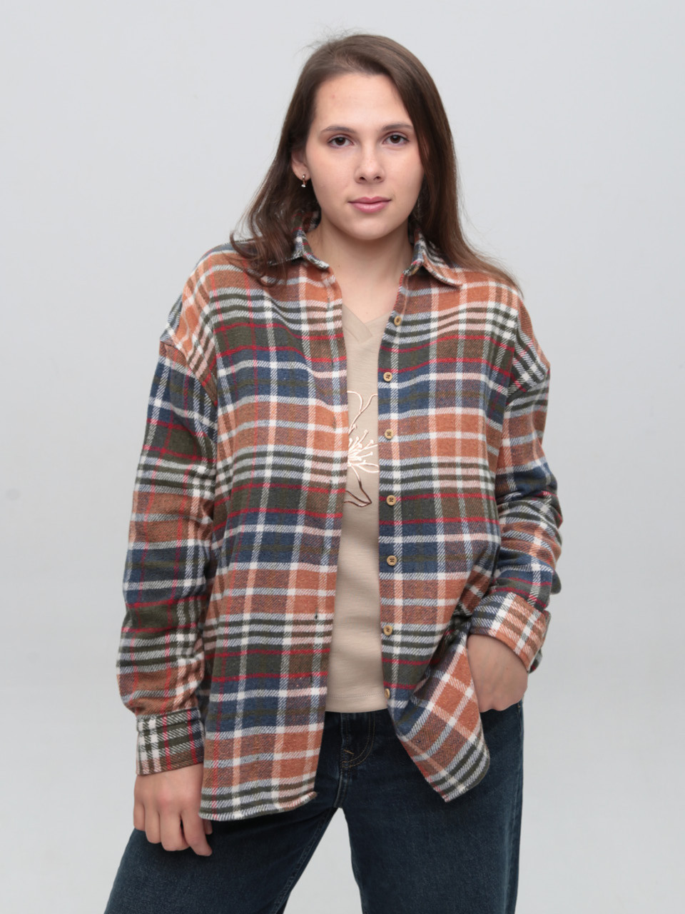 Сорочка жіноча в клітку тепла оранжева широка 10515-1