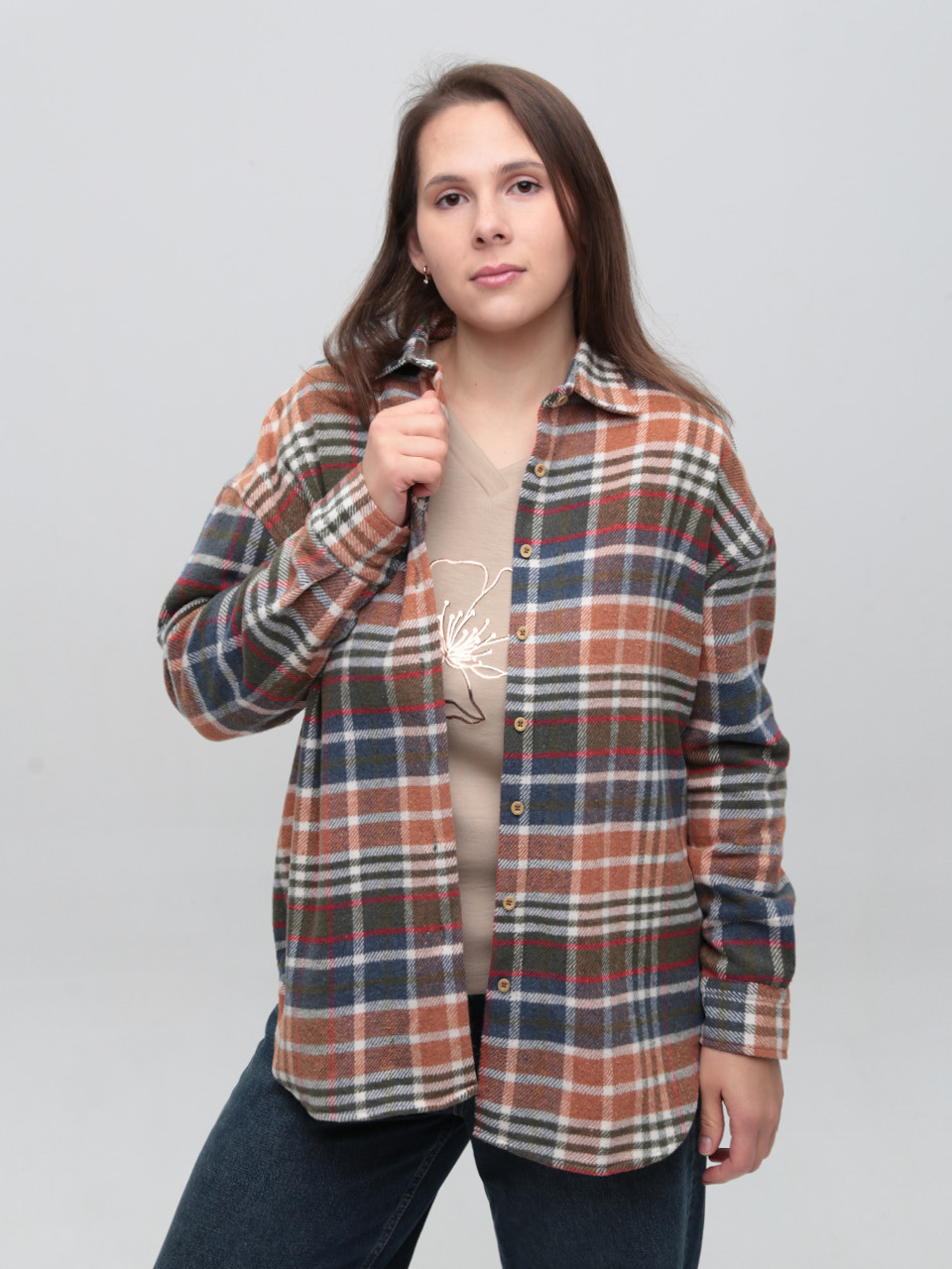 Сорочка жіноча в клітку тепла оранжева широка 10515-1