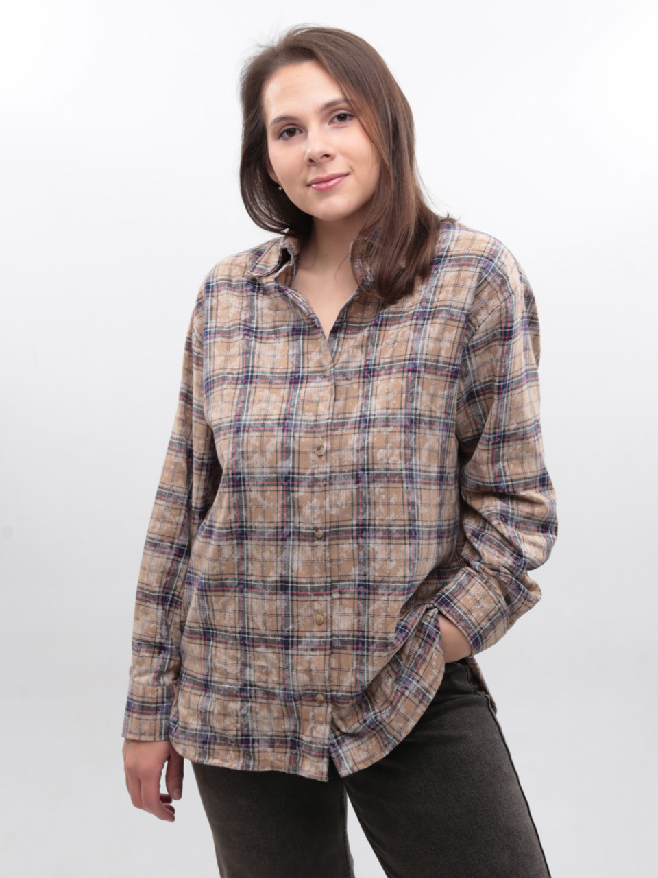 Сорочка жіноча бежева в клітку з варінням 173-5