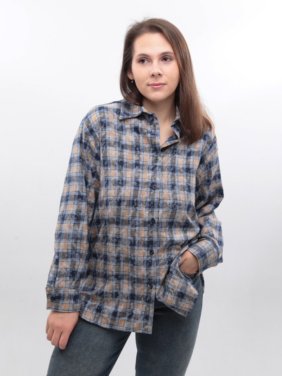 Сорочка жіноча синя в клітку з варінням 173-1
