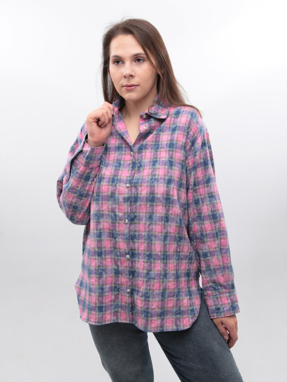 Сорочка жіноча рожева в клітку з варінням 173-6