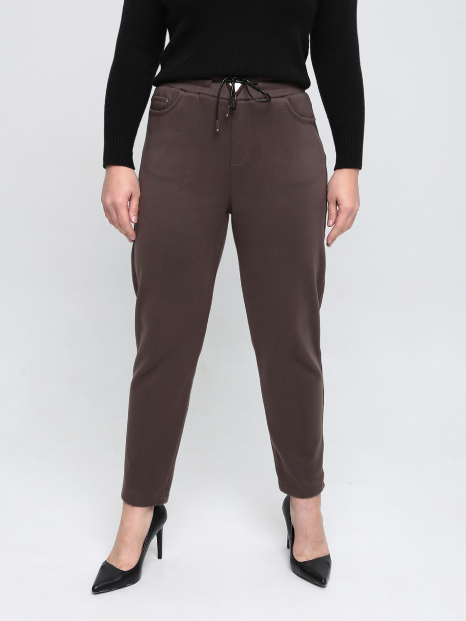 Брюки женские теплые темно-бежевые на резинке большие размеры 1719-B-7