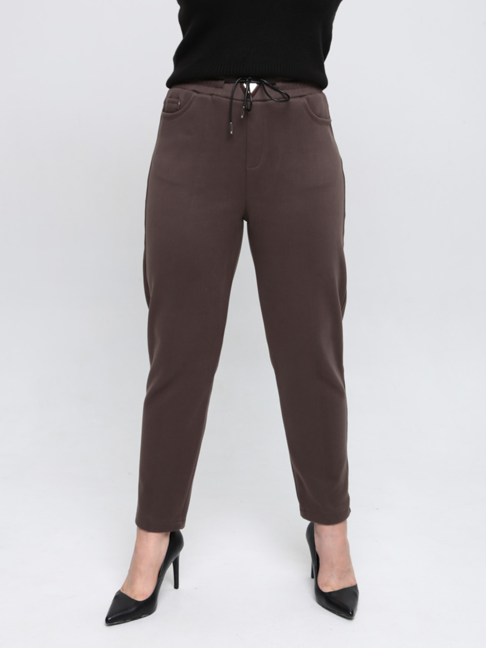 Брюки женские теплые темно-бежевые на резинке большие размеры 1719-B-7