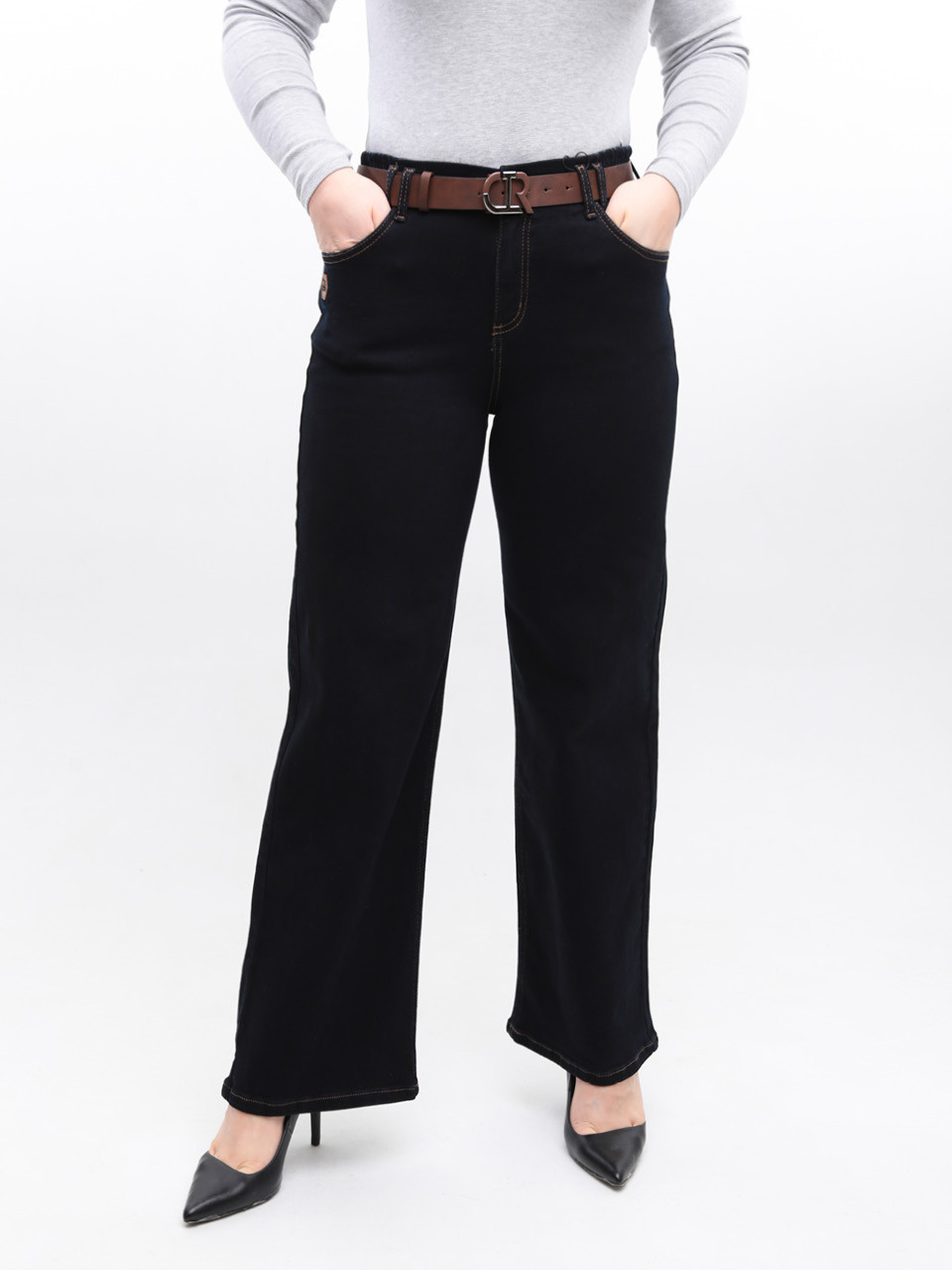 Джинси жіночі чорно-сині широкі з гумкою на поясі 10592-1