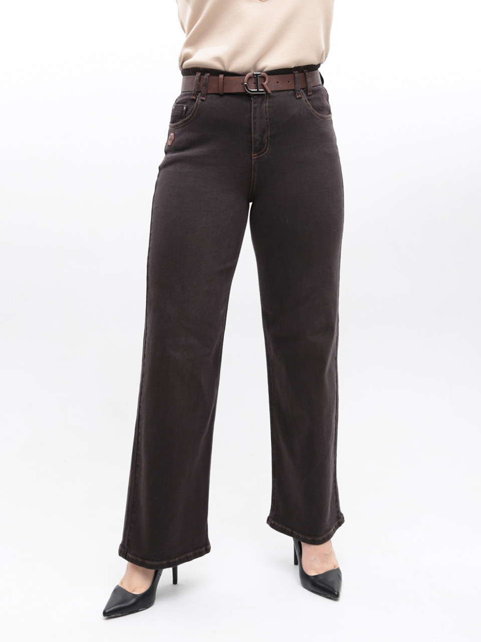 Джинси жіночі коричневі широкі з гумкою на поясі великі розміри 20592-B-5