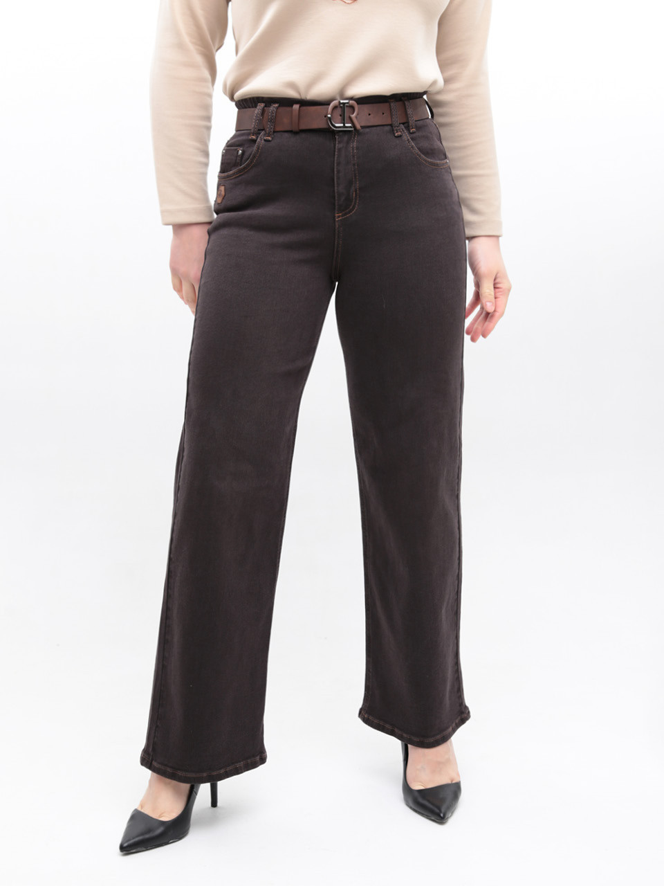 Джинси жіночі широкі коричневі з гумкою на поясі 10592-5