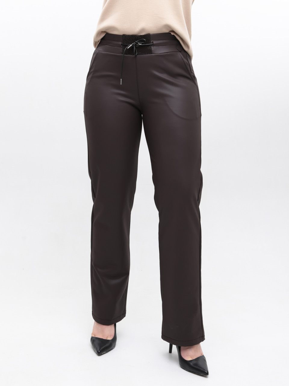 Штани жіночі з екошкіри коричневі утеплені на флісі прямі 7931-5