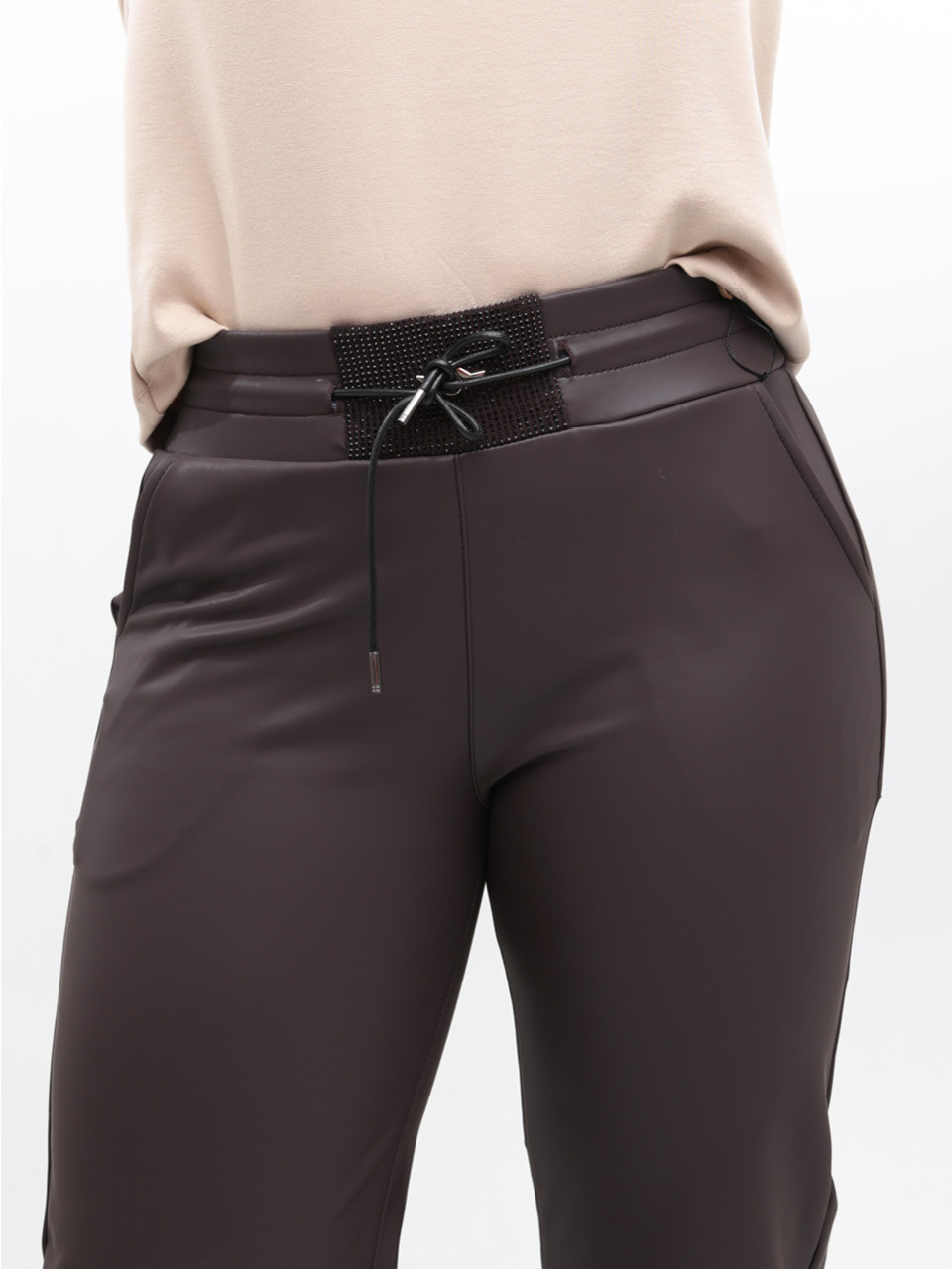 Штани жіночі з екошкіри коричневі утеплені на флісі прямі 7931-5