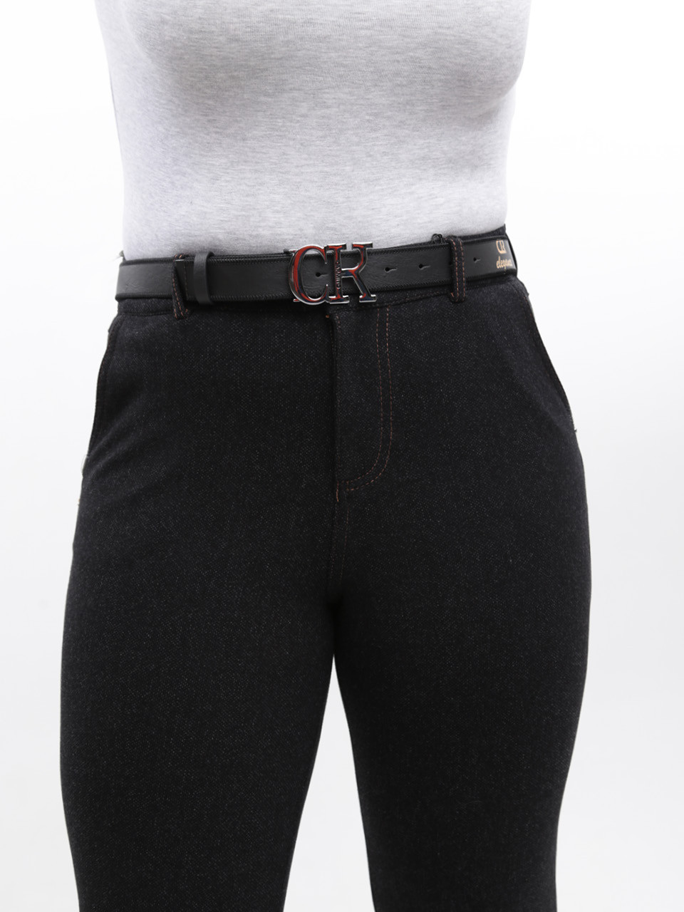 Брюки женские черные слим МОМ теплые большие размеры 20655-B-2