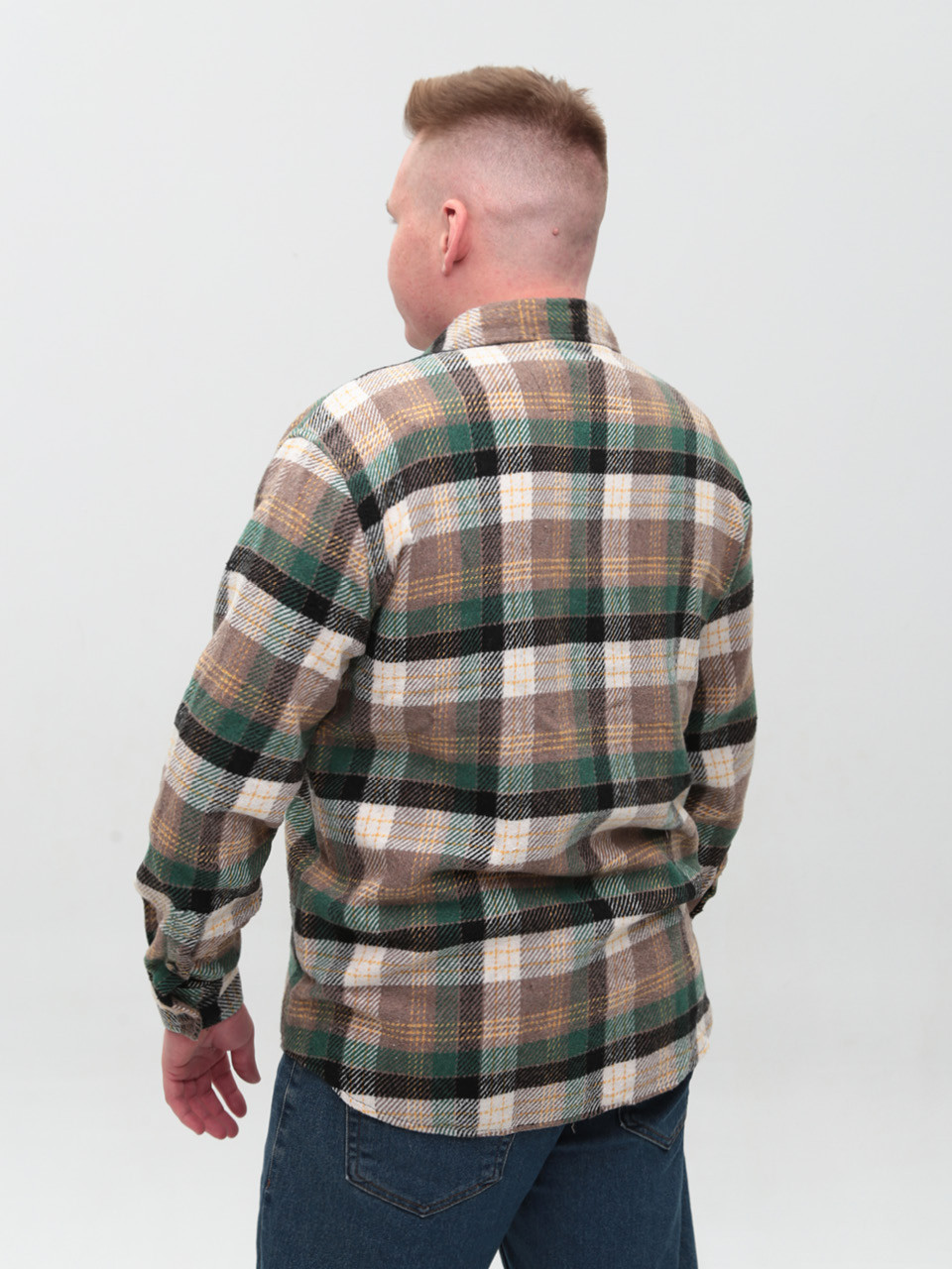 Рубашка мужская зеленая с коричневым байковая в клетку  9617-3