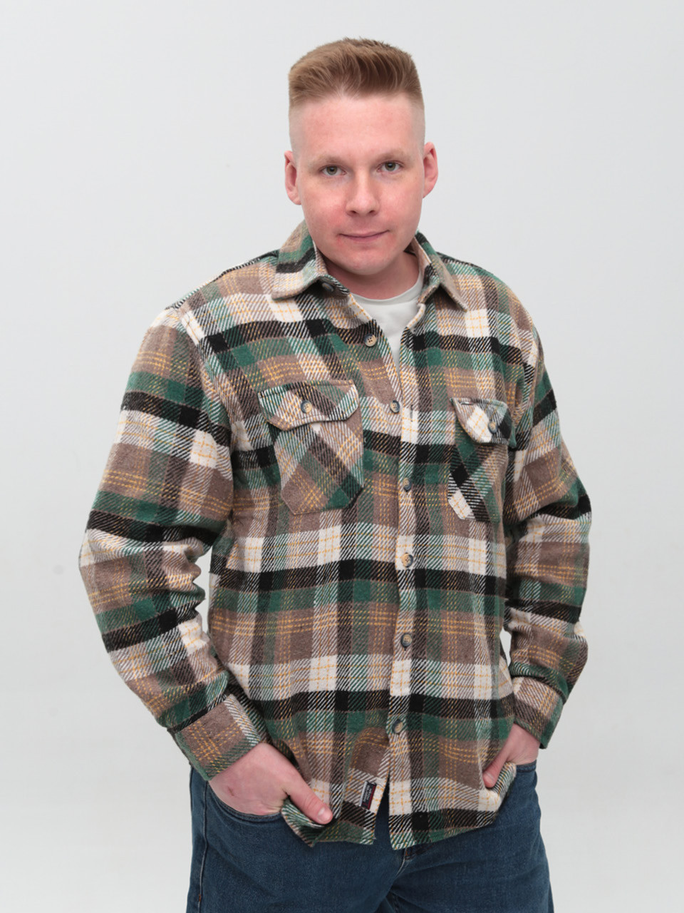 Рубашка мужская зеленая с коричневым байковая в клетку  9617-3