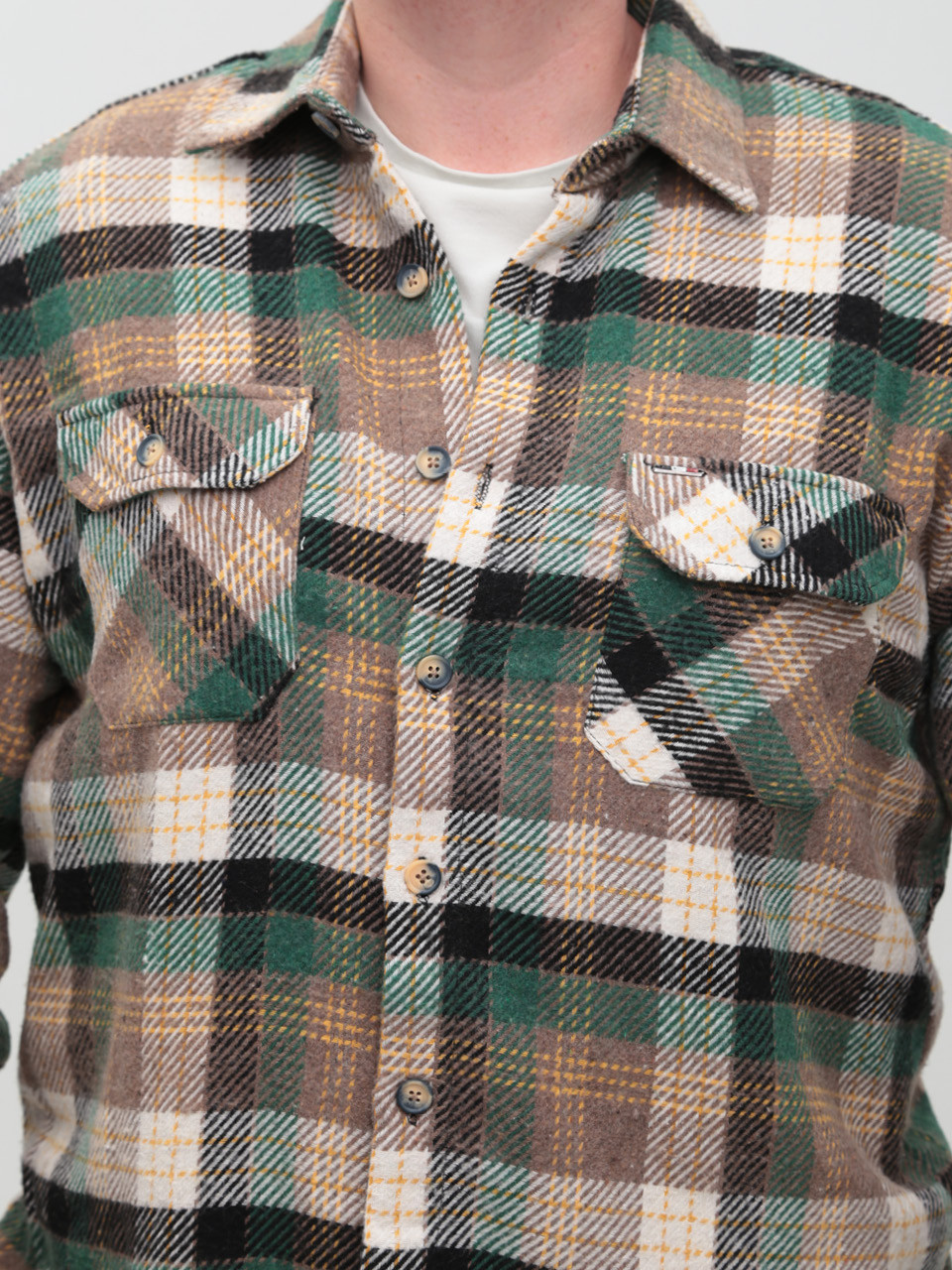 Рубашка мужская зеленая с коричневым байковая в клетку  9617-3