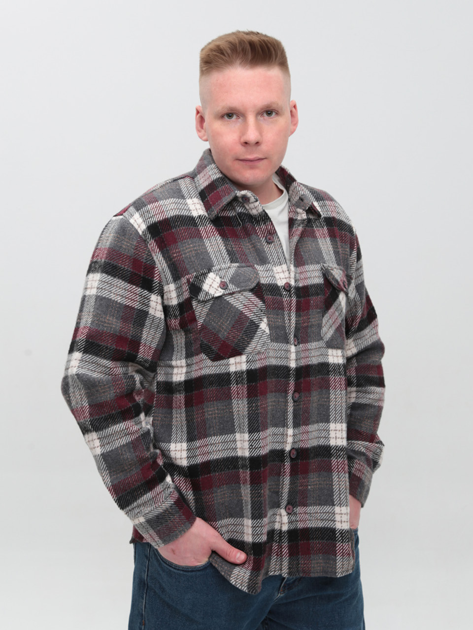 Сорочка чоловіча сіра з червоним тепла в клітку 9617-1