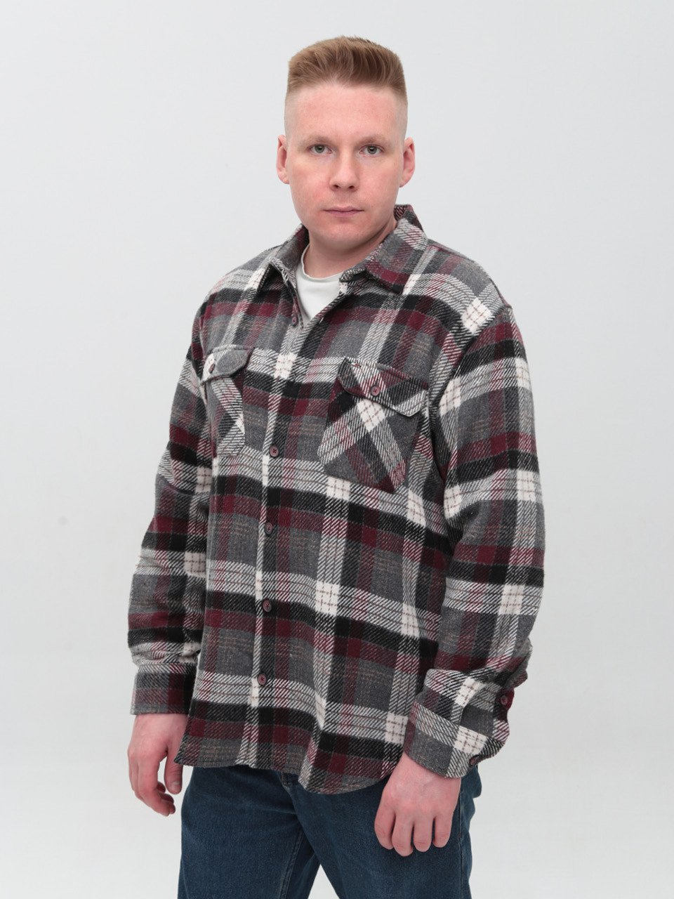 Сорочка чоловіча сіра з червоним тепла в клітку 9617-1