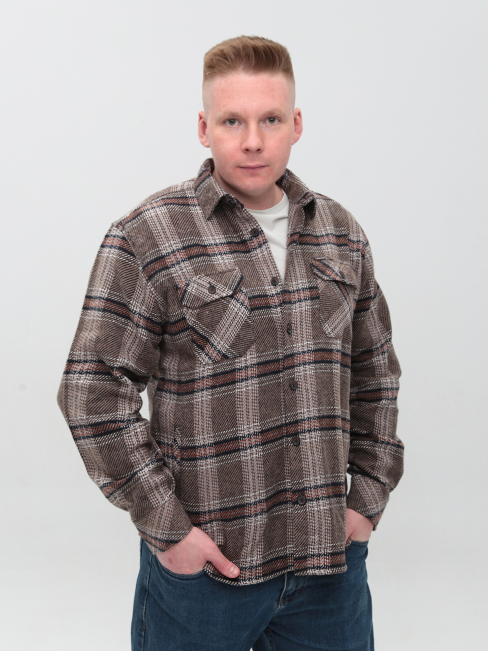 Рубашка мужская коричневая с бежевым байковая в клетку  1712